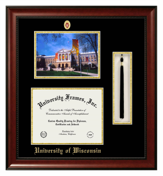 University of Wisconsin (Madison) Double Opening with Campus Image & Tassel Box (Stacked) Frame in Avalon Mahogany with Black & Gold Mats for document: 8 1/2"h x 11"w  