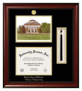 University of Illinois College of Engineering Double Opening with Campus Image & Tassel Box (Stacked) Frame in Avalon Mahogany with Black & Gold Mats for document: 8 1/2"h x 11"w  