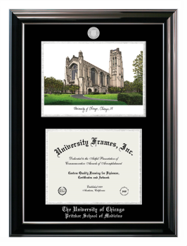 University of Chicago Pritzker School of Medicine Double Opening with Campus Image (Stacked) Frame in Classic Ebony with Silver Trim with Black & Silver Mats for document: 8 1/2"h x 11"w  
