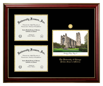 University of Chicago Pritzker School of Medicine Triple Opening with Campus Image Frame in Classic Mahogany with Gold Trim with Black & Gold Mats for document: 8 1/2"h x 11"w  , document: 8 1/2"h x 11"w  