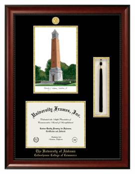 University of Alabama (Tuscaloosa) Culverhouse College of Commerce Double Opening with Campus Image & Tassel Box (Stacked) Frame in Avalon Mahogany with Black & Gold Mats for document: 8 1/2"h x 11"w  