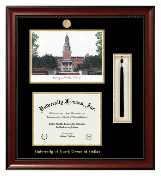 University of North Texas at Dallas Double Opening with Campus Image & Tassel Box (Stacked) Frame in Avalon Mahogany with Black & Gold Mats for document: 8 1/2"h x 11"w  