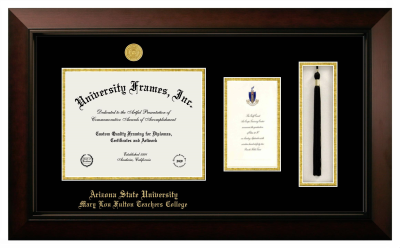 Arizona State University Mary Lou Fulton Teachers College Diploma with Announcement & Tassel Box Frame in Legacy Black Cherry with Black & Gold Mats for document: 8 1/2"h x 11"w  , diploma: 7"h x 4"w  