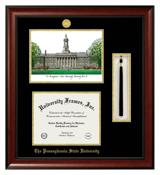 Pennsylvania State University Double Opening with Campus Image & Tassel Box (Stacked) Frame in Avalon Mahogany with Black & Gold Mats for document: 8 1/2"h x 11"w  