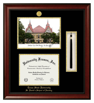 Texas State University St. David's School of Nursing Double Opening with Campus Image & Tassel Box (Stacked) Frame in Avalon Mahogany with Black & Gold Mats for document: 8 1/2"h x 11"w  