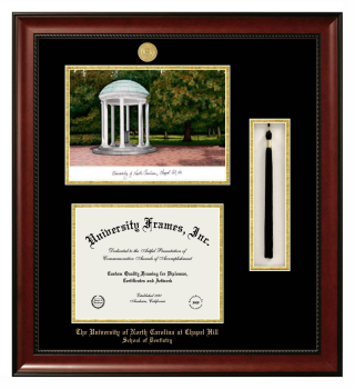 University of North Carolina at Chapel Hill School of Dentistry Double Opening with Campus Image & Tassel Box (Stacked) Frame in Avalon Mahogany with Black & Gold Mats for document: 8 1/2"h x 11"w  