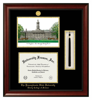 Pennsylvania State University Eberly College of Science Double Opening with Campus Image & Tassel Box (Stacked) Frame in Avalon Mahogany with Black & Gold Mats for document: 8 1/2"h x 11"w  