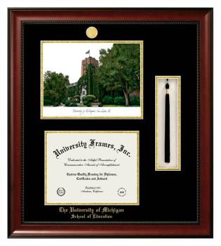 University of Michigan School of Education Double Opening with Campus Image & Tassel Box (Stacked) Frame in Avalon Mahogany with Black & Gold Mats for document: 8 1/2"h x 11"w  