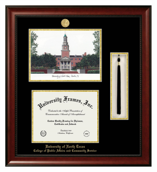 University of North Texas College of Public Affairs and Community Service Double Opening with Campus Image & Tassel Box (Stacked) Frame in Avalon Mahogany with Black & Gold Mats for document: 8 1/2"h x 11"w  