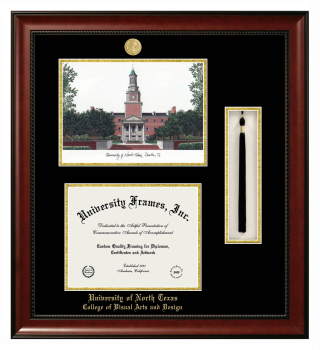 University of North Texas College of Visual Arts and Design Double Opening with Campus Image & Tassel Box (Stacked) Frame in Avalon Mahogany with Black & Gold Mats for document: 8 1/2"h x 11"w  