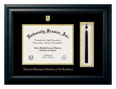 Episcopal Theological Seminary of the Southwest Diploma with Tassel Box Frame in Satin Black with Black & Gold Mats for document: 8 1/2"h x 11"w  