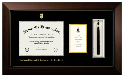Episcopal Theological Seminary of the Southwest Diploma with Announcement & Tassel Box Frame in Legacy Black Cherry with Black & Gold Mats for document: 8 1/2"h x 11"w  , diploma: 7"h x 4"w  