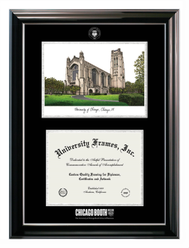 University of Chicago Booth School of Business Double Opening with Campus Image (Stacked) Frame in Classic Ebony with Silver Trim with Black & Silver Mats for document: 8 1/2"h x 11"w  