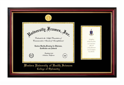 Western University of Health Sciences College of Optometry Diploma with Announcement Frame in Petite Mahogany with Gold Trim with Black & Gold Mats for document: 8 1/2"h x 11"w  , diploma: 7"h x 4"w  