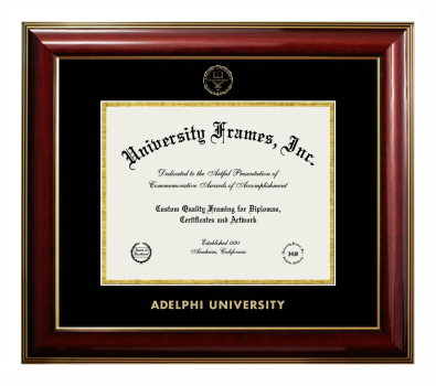 Adelphi University Diploma Frame in Classic Mahogany with Gold Trim with Black & Gold Mats for document: 8 1/2"h x 11"w  