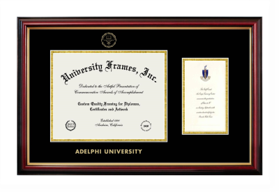 Adelphi University Diploma with Announcement Frame in Petite Mahogany with Gold Trim with Black & Gold Mats for document: 8 1/2"h x 11"w  , diploma: 7"h x 4"w  