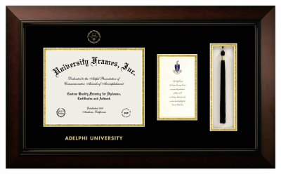 Adelphi University Diploma with Announcement & Tassel Box Frame in Legacy Black Cherry with Black & Gold Mats for document: 8 1/2"h x 11"w  , diploma: 7"h x 4"w  
