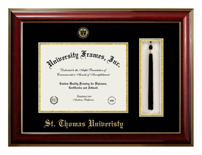 St. Thomas University Diploma with Tassel Box Frame in Classic Mahogany with Gold Trim with Black & Gold Mats for document: 8 1/2"h x 11"w  