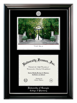 The University of Georgia College of Pharmacy Double Opening with Campus Image (Stacked) Frame in Classic Ebony with Silver Trim with Black & Silver Mats for document: 8 1/2"h x 11"w  
