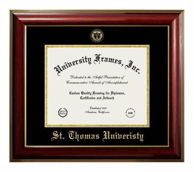 St. Thomas University Diploma Frame in Classic Mahogany with Gold Trim with Black & Gold Mats for document: 8 1/2"h x 11"w  
