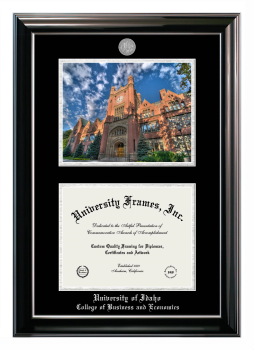 University of Idaho College of Business and Economics Double Opening with Campus Image (Stacked) Frame in Classic Ebony with Silver Trim with Black & Silver Mats for document: 8 1/2"h x 11"w  