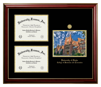 University of Idaho College of Business and Economics Triple Opening with Campus Image Frame in Classic Mahogany with Gold Trim with Black & Gold Mats for document: 8 1/2"h x 11"w  , document: 8 1/2"h x 11"w  