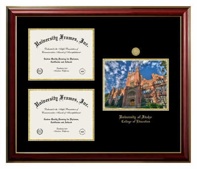 University of Idaho College of Education Triple Opening with Campus Image Frame in Classic Mahogany with Gold Trim with Black & Gold Mats for document: 8 1/2"h x 11"w  , document: 8 1/2"h x 11"w  