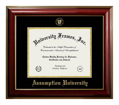 Assumption University Diploma Frame in Classic Mahogany with Gold Trim with Black & Gold Mats for document: 8 1/2"h x 11"w  