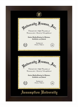 Assumption University Double Diploma Frame in Manhattan Espresso with Black & Gold Mats for document: 8 1/2"h x 11"w  , document: 8 1/2"h x 11"w  