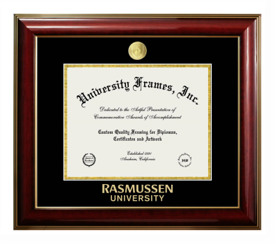 Rasmussen University Diploma Frame in Classic Mahogany with Gold Trim with Black & Gold Mats for document: 8 1/2"h x 11"w  