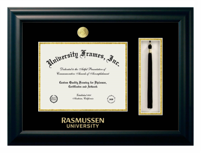 Rasmussen University Diploma with Tassel Box Frame in Satin Black with Black & Gold Mats for document: 8 1/2"h x 11"w  
