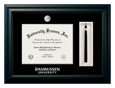Rasmussen University Diploma with Tassel Box Frame in Satin Black with Black & Silver Mats for document: 8 1/2"h x 11"w  