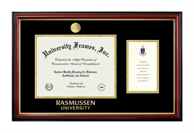 Rasmussen University Diploma with Announcement Frame in Petite Mahogany with Gold Trim with Black & Gold Mats for document: 8 1/2"h x 11"w  , diploma: 7"h x 4"w  