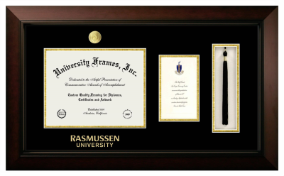 Rasmussen University Diploma with Announcement & Tassel Box Frame in Legacy Black Cherry with Black & Gold Mats for document: 8 1/2"h x 11"w  , diploma: 7"h x 4"w  