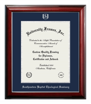 Southeastern Baptist Theological Seminary Diploma Frame in Classic Mahogany with Silver Trim with Navy Blue & Silver Mats for document: 14"h x 11"w  