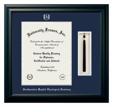 Southeastern Baptist Theological Seminary Diploma with Tassel Box Frame in Satin Black with Navy Blue & Silver Mats for document: 14"h x 11"w  