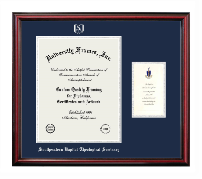Southeastern Baptist Theological Seminary Diploma with Announcement Frame in Petite Cherry with Navy Blue & Silver Mats for document: 14"h x 11"w  , diploma: 7"h x 4"w  