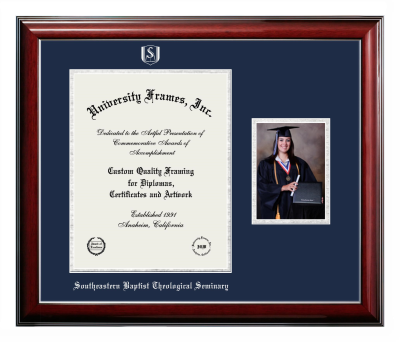 Southeastern Baptist Theological Seminary Diploma with 5 x 7 Portrait Frame in Classic Mahogany with Silver Trim with Navy Blue & Silver Mats for document: 14"h x 11"w  