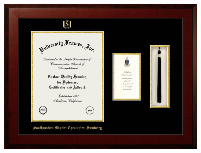 Southeastern Baptist Theological Seminary Diploma with Announcement & Tassel Box Frame in Honors Mahogany with Black & Gold Mats for document: 14"h x 11"w  , diploma: 7"h x 4"w  
