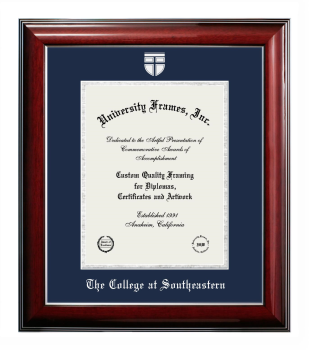 The College at Southeastern Diploma Frame in Classic Mahogany with Silver Trim with Navy Blue & Silver Mats for document: 11"h x 8 1/2"w  