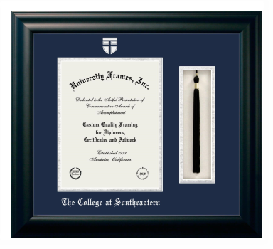 The College at Southeastern Diploma with Tassel Box Frame in Satin Black with Navy Blue & Silver Mats for document: 11"h x 8 1/2"w  