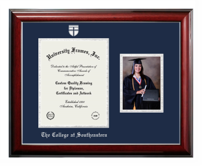 The College at Southeastern Diploma with 5 x 7 Portrait Frame in Classic Mahogany with Silver Trim with Navy Blue & Silver Mats for document: 11"h x 8 1/2"w  
