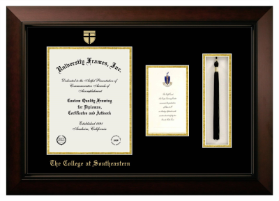 The College at Southeastern Diploma with Announcement & Tassel Box Frame in Legacy Black Cherry with Black & Gold Mats for document: 11"h x 8 1/2"w  , diploma: 7"h x 4"w  