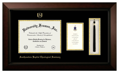 Southeastern Baptist Theological Seminary Diploma with Announcement & Tassel Box Frame in Legacy Black Cherry with Black & Gold Mats for document: 8 1/2"h x 11"w  , diploma: 7"h x 4"w  