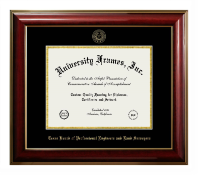 Texas Board of Professional Engineers and Land Surveyors Diploma Frame in Classic Mahogany with Gold Trim with Black & Gold Mats for document: 8 1/2"h x 11"w  
