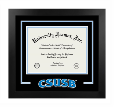 California State University, San Bernardino Logo Mat Frame in Manhattan Black with Black & Light Blue Mats for document: 8 1/2"h x 11"w  