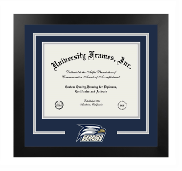 Georgia Southern University Logo Mat Frame in Manhattan Black with Navy Blue & Gray Mats for document: 8 1/2"h x 11"w  