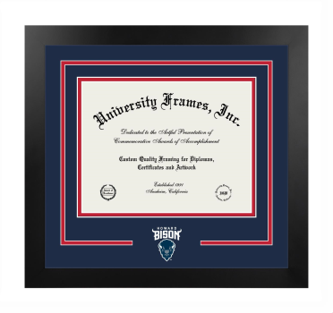 Howard University School of Pharmacy Logo Mat Frame in Manhattan Black with Navy Blue & Red Mats for document: 8 1/2"h x 11"w  
