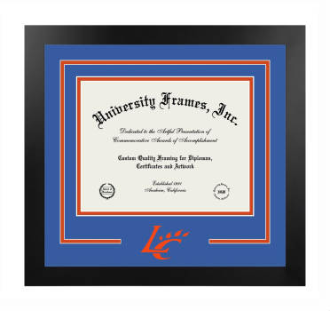 Louisiana College Logo Mat Frame in Manhattan Black with Royal Blue & Orange Mats for document: 8 1/2"h x 11"w  