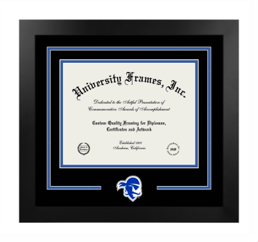 Seton Hall University Logo Mat Frame in Manhattan Black with Black & Royal Blue Mats for document: 8 1/2"h x 11"w  